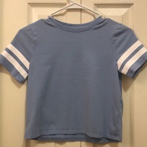 girls baby blue t-shirt with striped sleeves